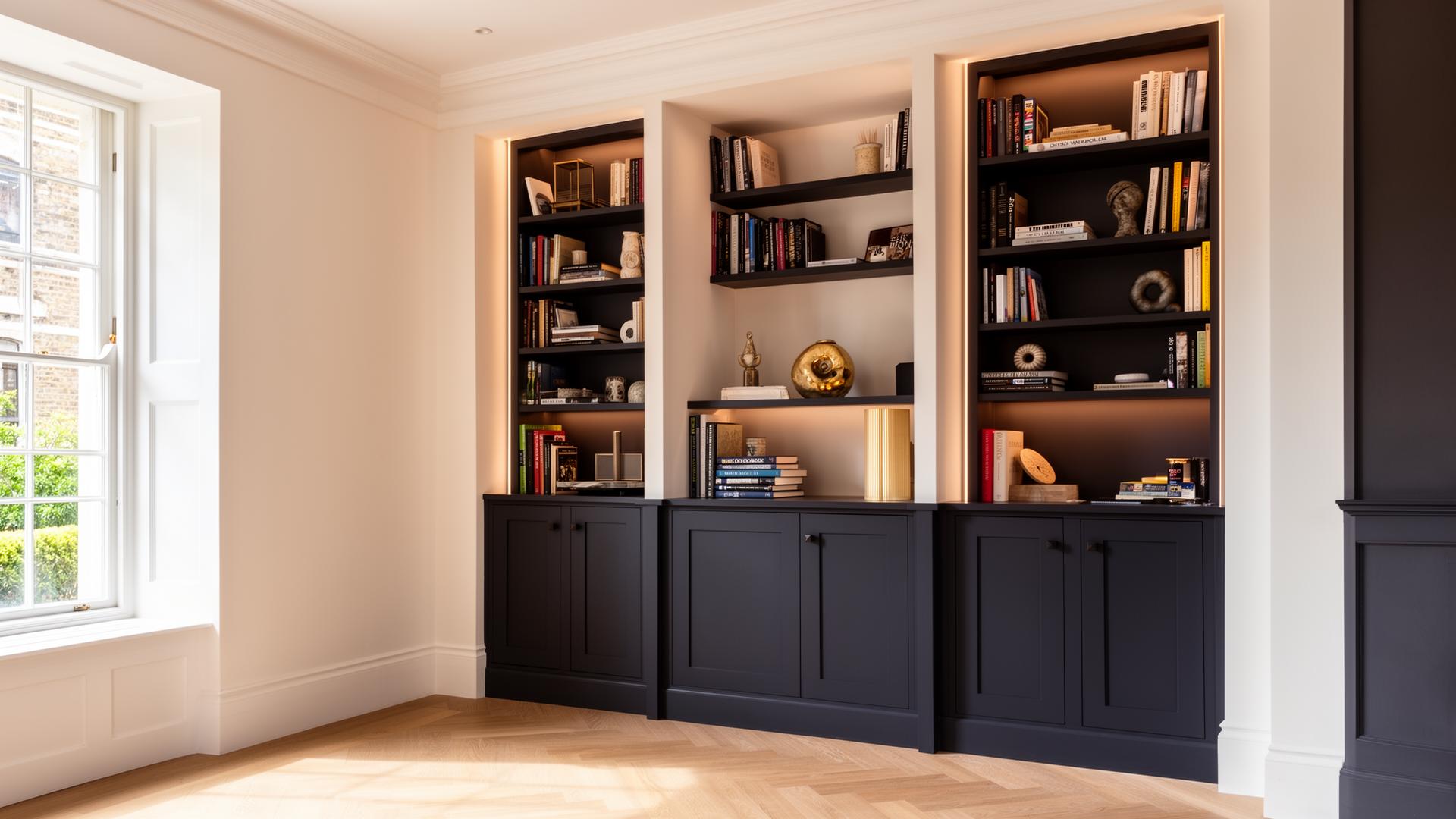Bespoke built-in alcove shelving in a London home